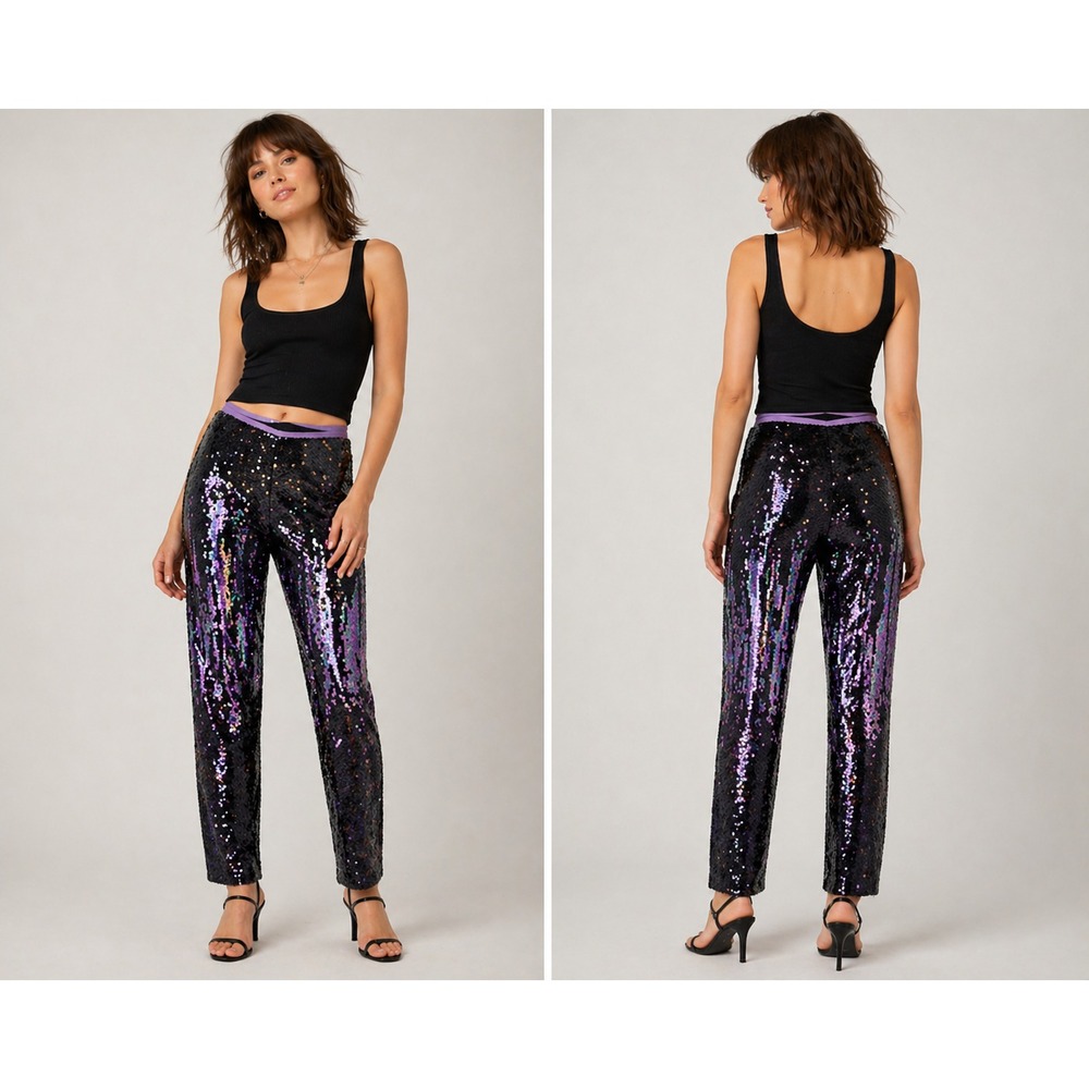 Rebecca Taylor Sequins Pants Womens 4 Purple‎ Pull On Party Event Glam Formal